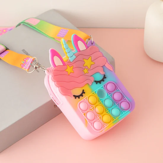 Push Pop Bubble Fidget Sensorisches Spielzeug Große rosa Tasche Einhorn Pop It Geldbörse Münze für Mädchen Kinder Regenbogen Handtaschen Umhängetasche Kinder Geldbörse